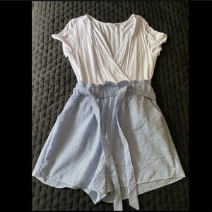 White and blue striped romper